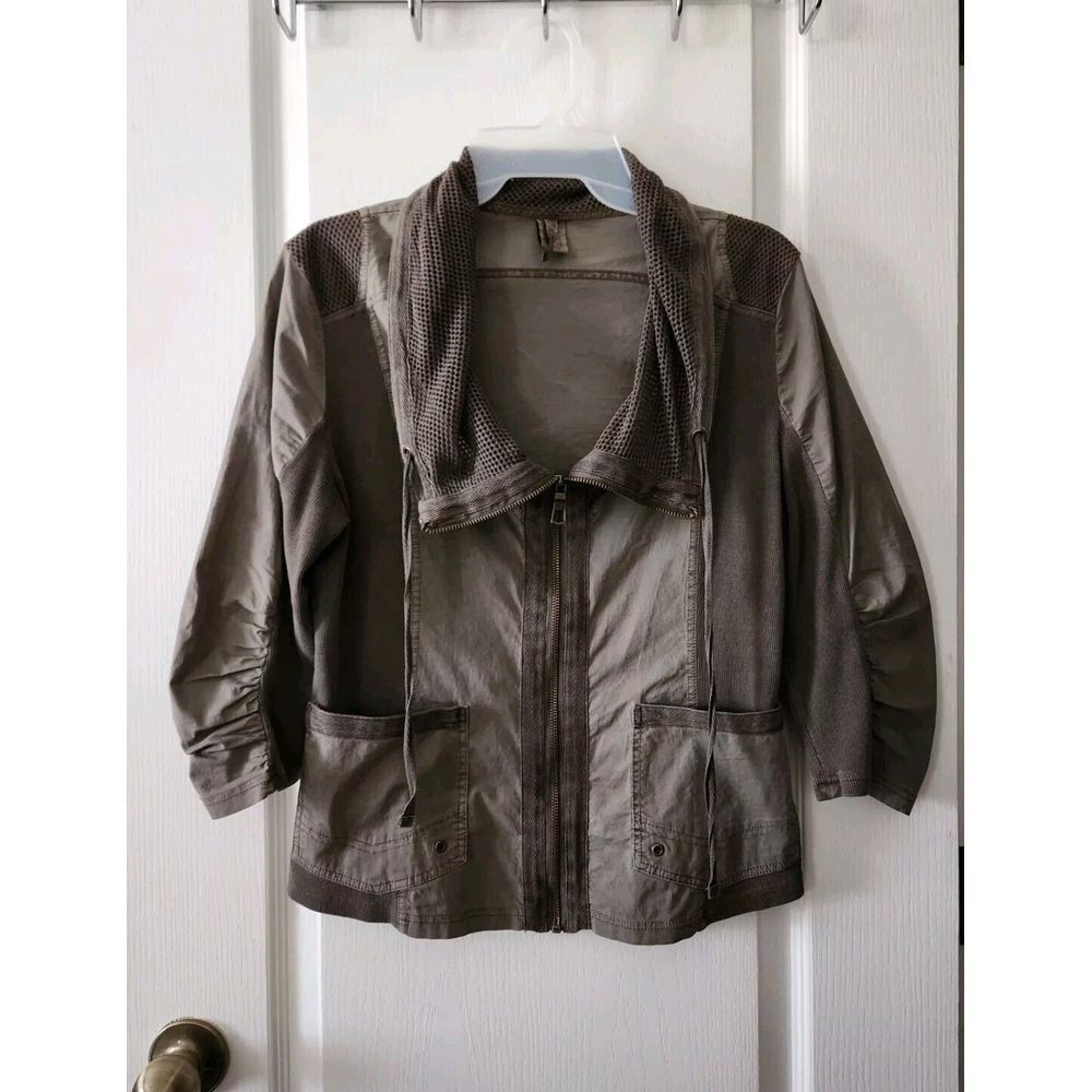 XCVI Mixed Media Full Zip Jacket Womens 3/4 Sleeves Mesh Cowl Neck Size S